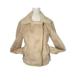 ABERCROMBIE FITCH Women Faux Suede Bomber Jacket Size M Ivory Shearling Lining